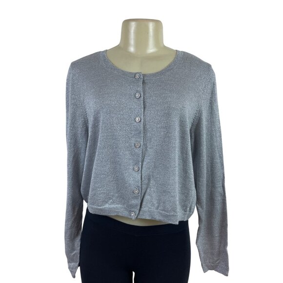 Talbots Woman Silver Metallic Button-Up Cardigan Sweater Sz 1X - Picture 1 of 7